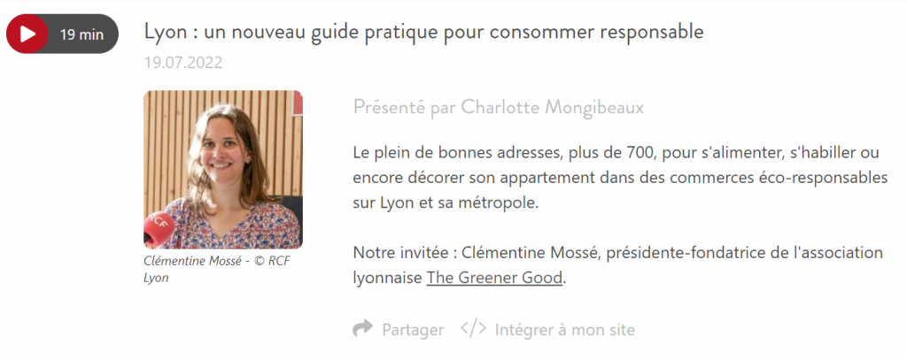 Clémentine Mossé est au micro de RCF Radio pour présenter le nouveau guide de l'association The Greener Good